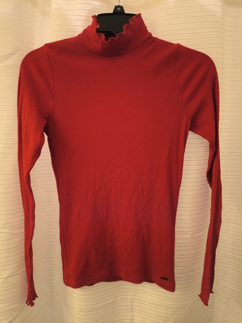 Hollister Red Ribbed Lettuce-Edge Mock Neck Top